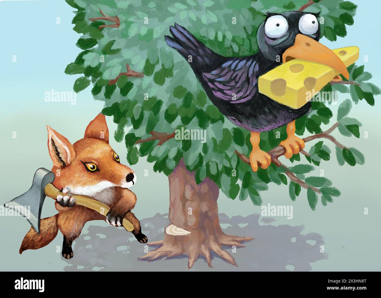 metaphor of aggressive policy, fox not trying to persuade the crow to let go of the cheese but cutting down the tree Stock Photo