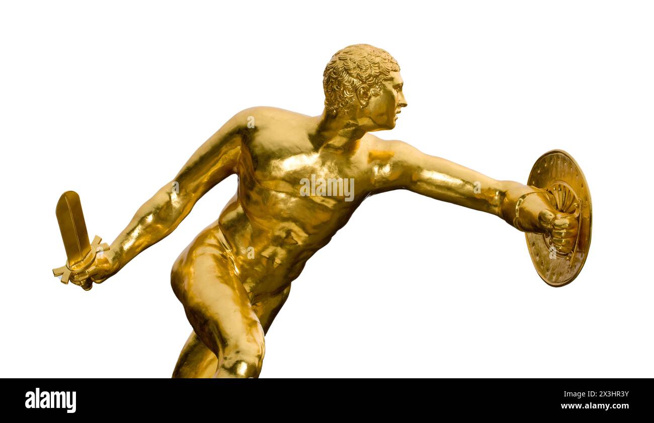 Greek warrior, gilded statue, Herrenhausen Gardens, Hanover, Lower Saxony, Germany, Europe Stock Photo