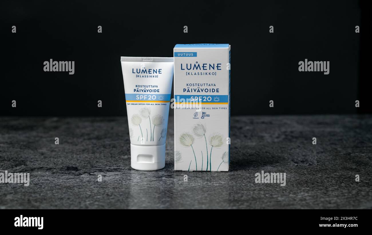 Jurmala, Latvia - 21 01 2024: On table Lumene day cream and box SPF20 for all skin types.  Stock Photo