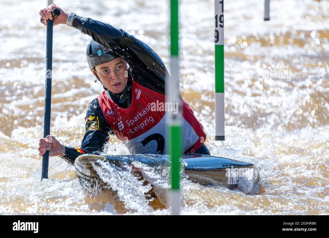 Markkleeberg, Germany. 27th Apr, 2024. Canoeing: German Olympic qualification canoe slalom, women's canoe, final. Nele Bayn in action on the course. Credit: Hendrik Schmidt/dpa/Alamy Live News Stock Photo