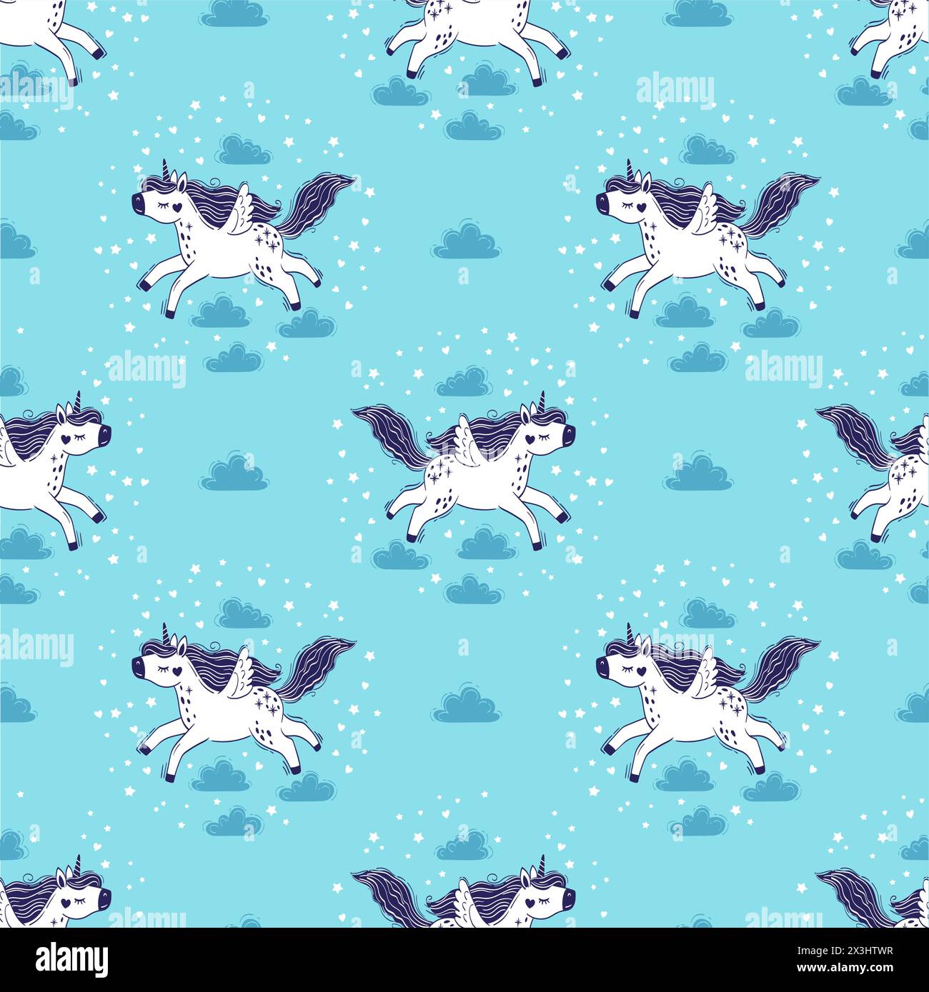Vector seamless pattern of magical unicorns in the sky among fluffy ...