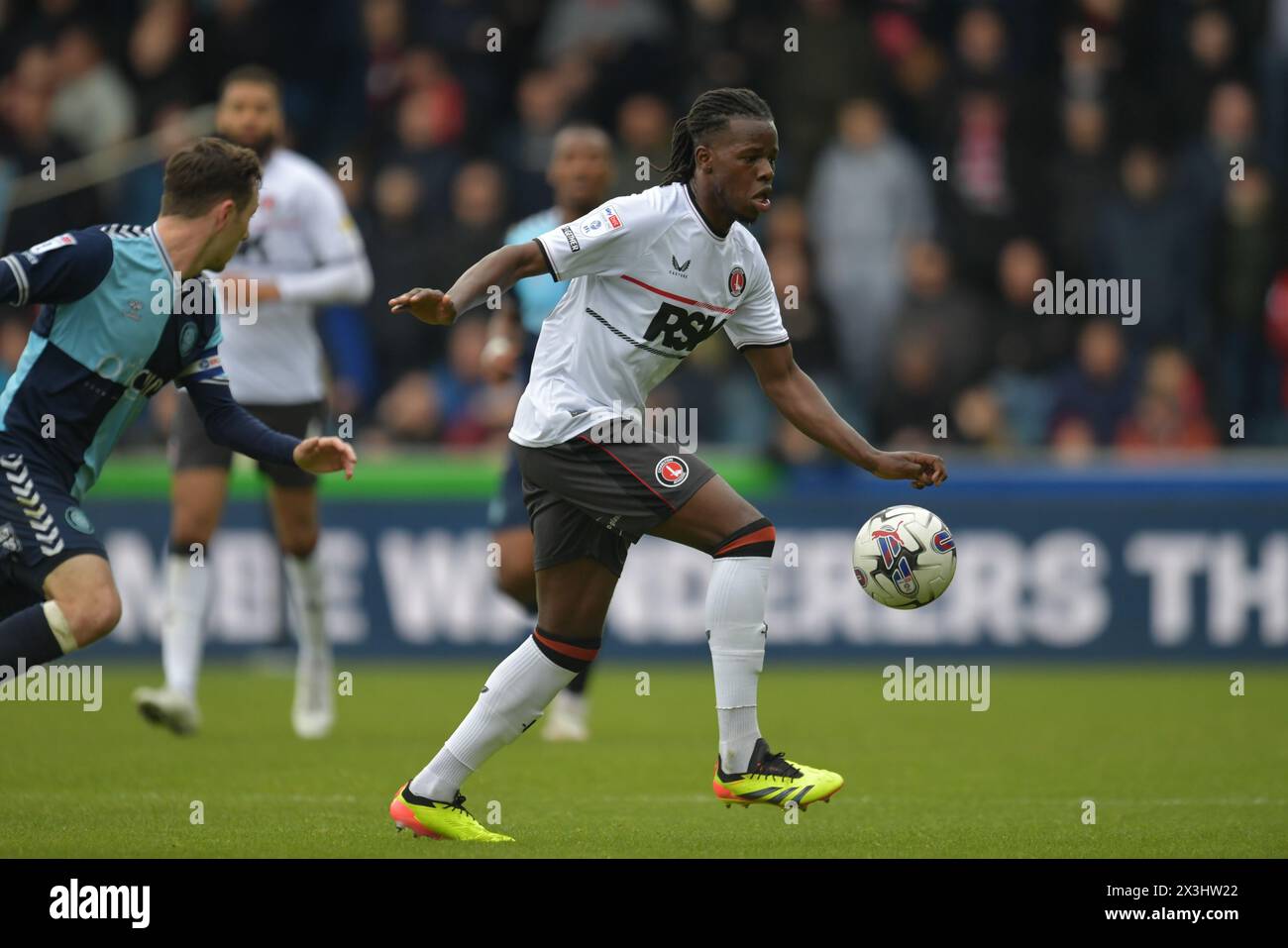 Wycombe, England. 27th Apr 2024. Karoy Anderson of Charlton Athletic during the Sky Bet EFL League One fixture between Wycombe Wanderers and Charlton Athletic. Kyle Andrews/Alamy Live News Stock Photo