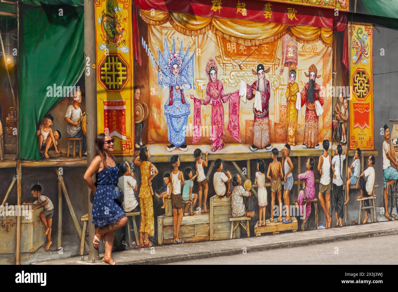 Asia, Singapore, Chinatown, Wall Mural depicting Historic Chinatown