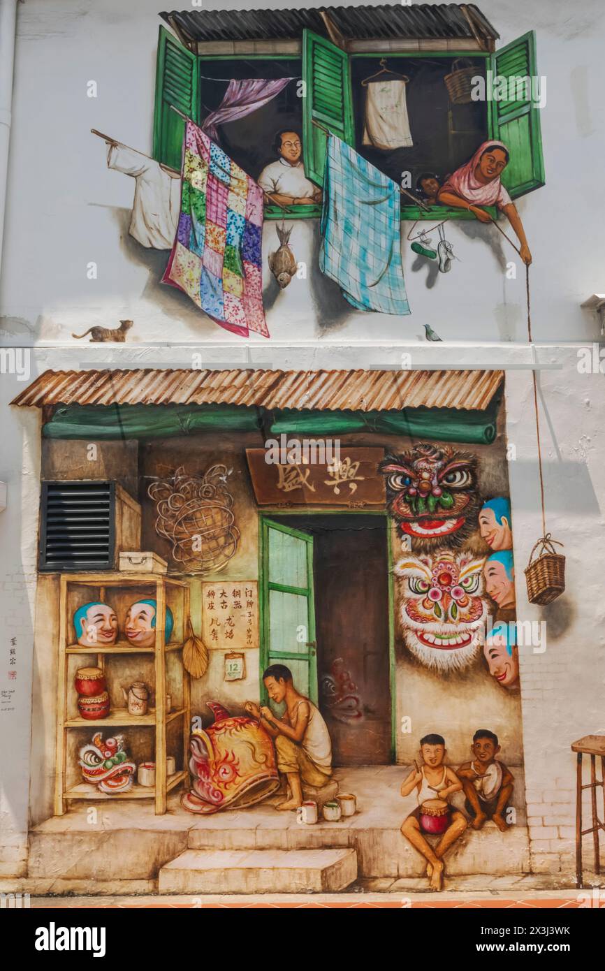 Asia, Singapore, Chinatown, Wall Mural depicting Historic Chinatown ...