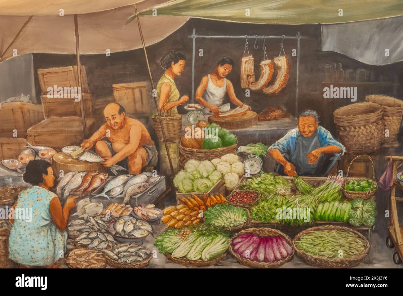 Asia, Singapore, Chinatown, Wall Mural depicting Historic Chinatown