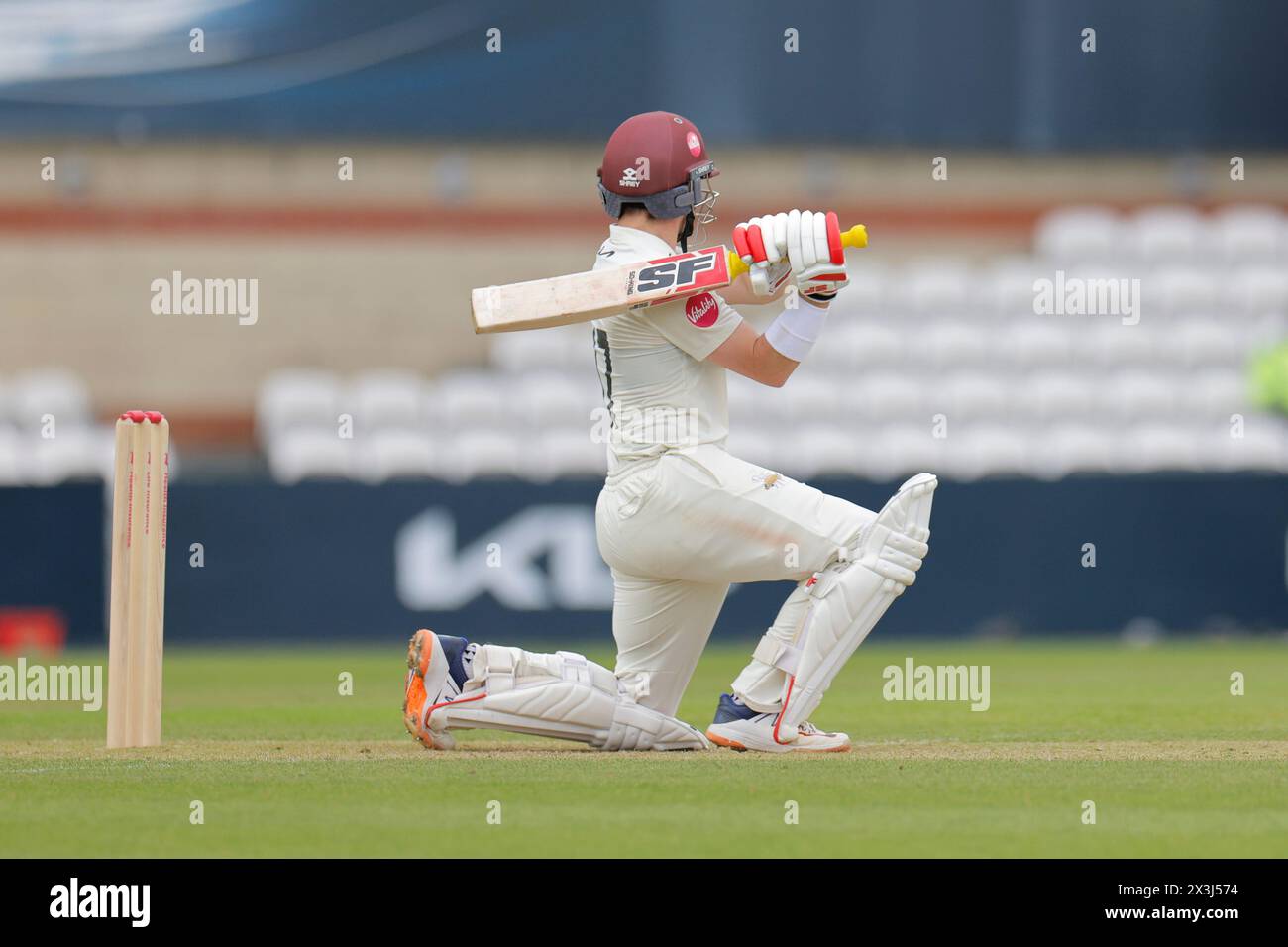 London. 27th Apr 2024. Rory Burns (17 Surrey Captain) hits 100 not out during the second day of the County Championship Division One match between Surrey and Hampshire at the Kia Oval. Credit: Matthew Starling / Alamy Live News Stock Photo