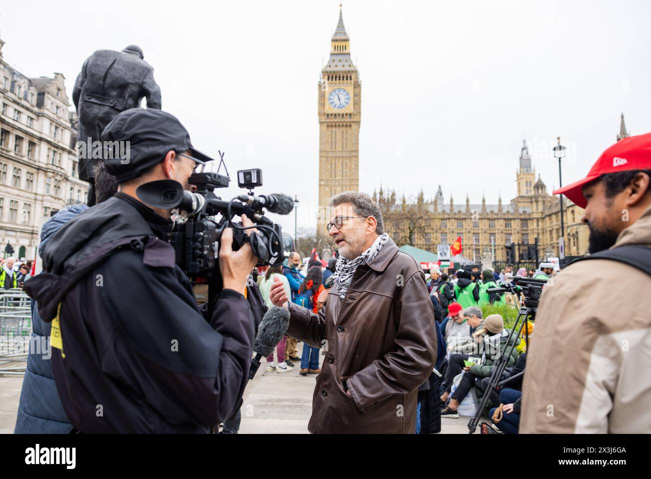 London, United Kingdom. 27 APR, 2024. Ben Jamal,  Director of the Palestine Solidarity Campaign (PSC) gives an interview at Parliment Square. Credit Milo Chandler/Alamy Live News Stock Photo