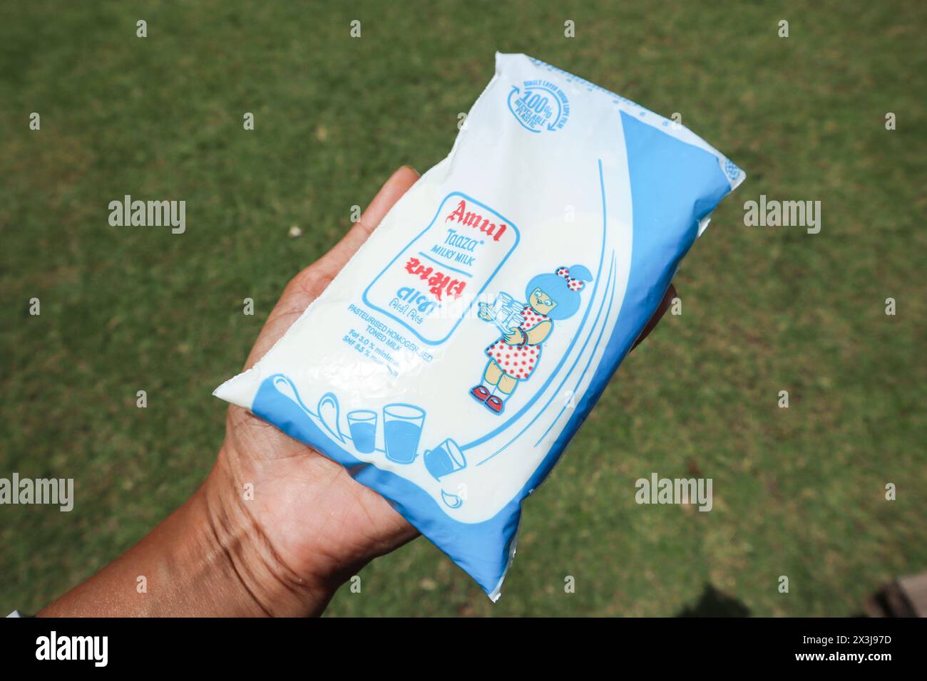 Person holding Amul Taaza Milk pouch. Amul dairy products. Branded Amul