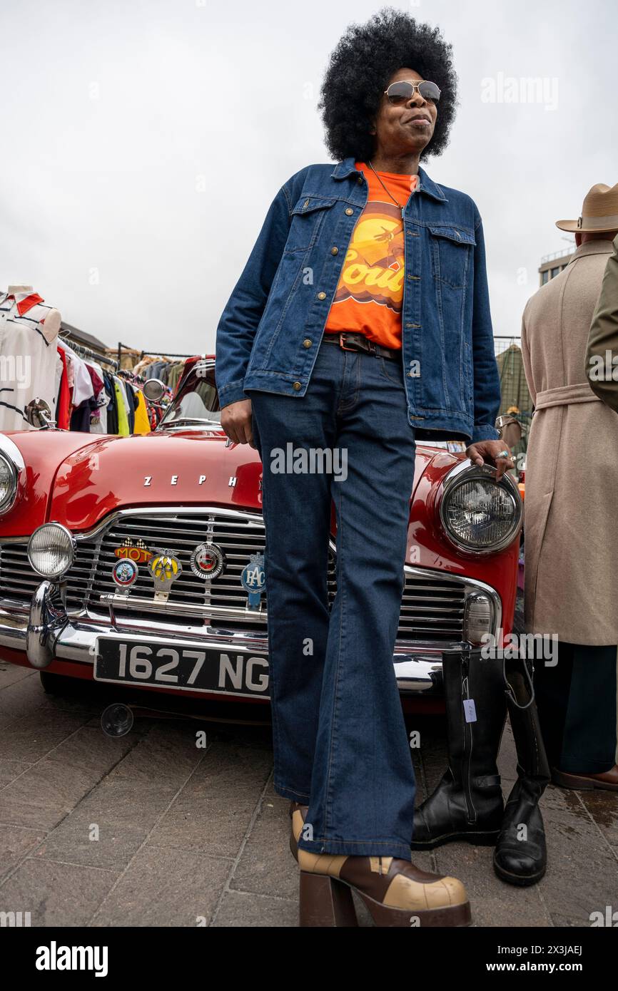 London, UK. 27 April 2024. Ade Yesufu, a fan of vintage fashion, is ...