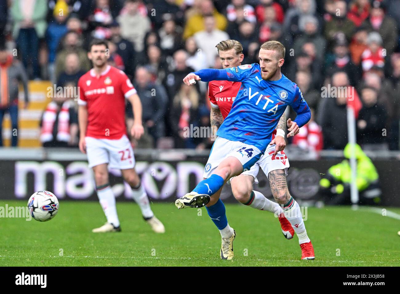 Connor LemonheighEvans of Stockport County passes the ball, during the