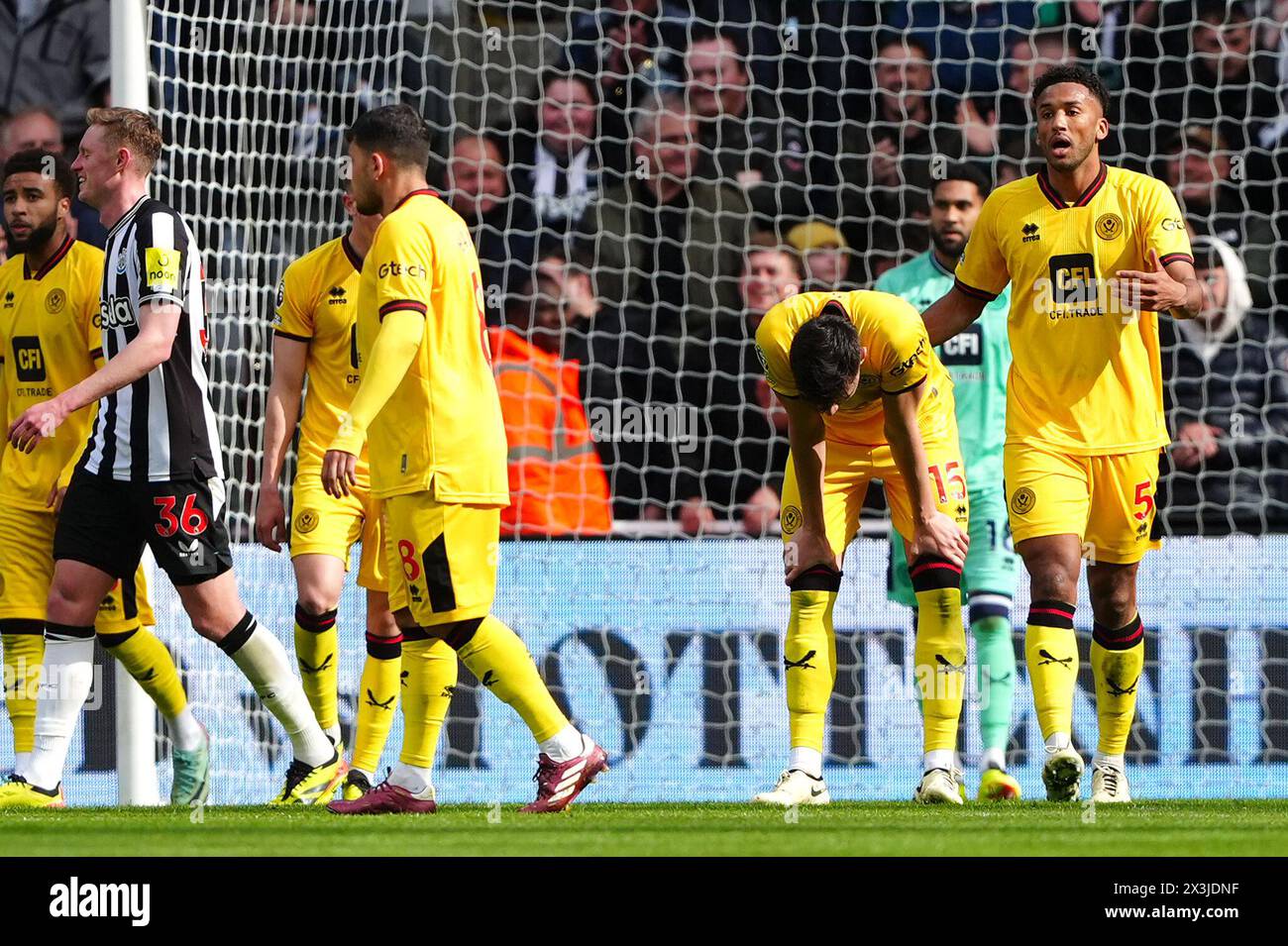 Sheffield United players look dejected as Newcastle score their side's fourth goal of the game via an own goal by Sheffield United's Ben Osborn (not pictured) during the Premier League match at St. James' Park, Newcastle upon Tyne. Picture date: Saturday April 27, 2024. Stock Photo