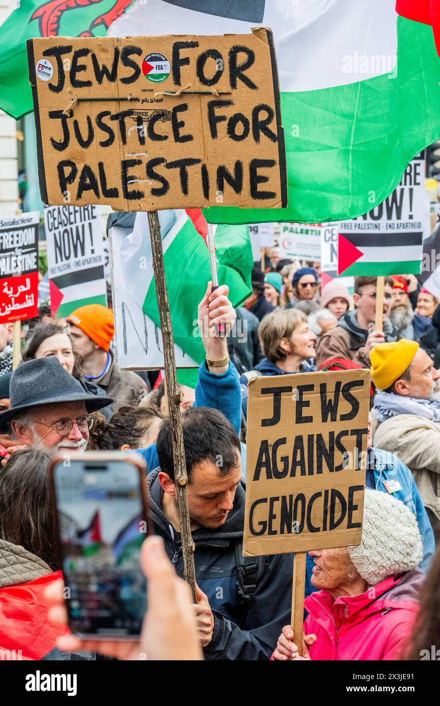 London, UK. 27th Apr, 2024. Jewish supporters join the march - A Palestine protest, calling for a Ceasefire Now and to Stop arming Israel marches from from Parliament Square to Hyde park. The people continue to respond to the Israeli assault in Gaza. The protest was organised by Stop the war, the Palestine Solidarity Campaign UK and Friends of Al Aqsa amongst many others. Credit: Guy Bell/Alamy Live News Stock Photo