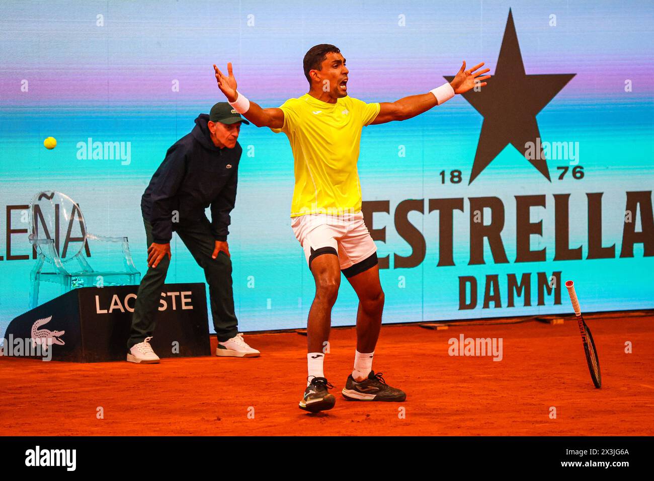 Usera, Spain. 27th Apr, 2024. Thiago Monteiro of Brazil reacts during Day Six of the Mutua Madrid Open 2024 tournament at La Caja Magica. Final score; Thiago Monteiro 2:0 Stefanos Tsitsipas. Credit: SOPA Images Limited/Alamy Live News Stock Photo