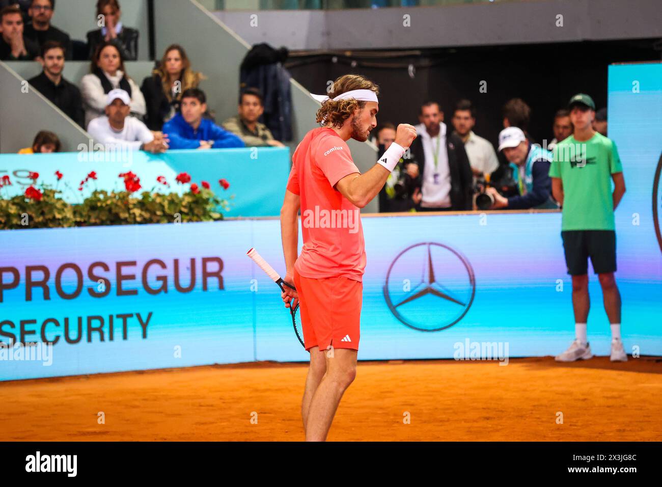 Usera, Spain. 27th Apr, 2024. Stefanos Tsisipas of Greece plays against Thiago Monteiro ( not picture ) of Brazil on Day Six of the Mutua Madrid Open 2024 tournament at La Caja Magica. Final score; Thiago Monteiro 2:0 Stefanos Tsitsipas. Credit: SOPA Images Limited/Alamy Live News Stock Photo