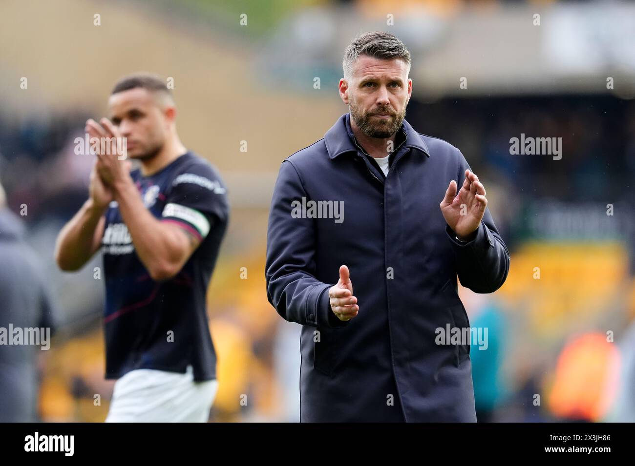 Luton Town manager Rob Edwards (right) applauds the fans following the Premier League match at Molineux Stadium, Wolverhampton. Picture date: Saturday April 27, 2024. Stock Photo