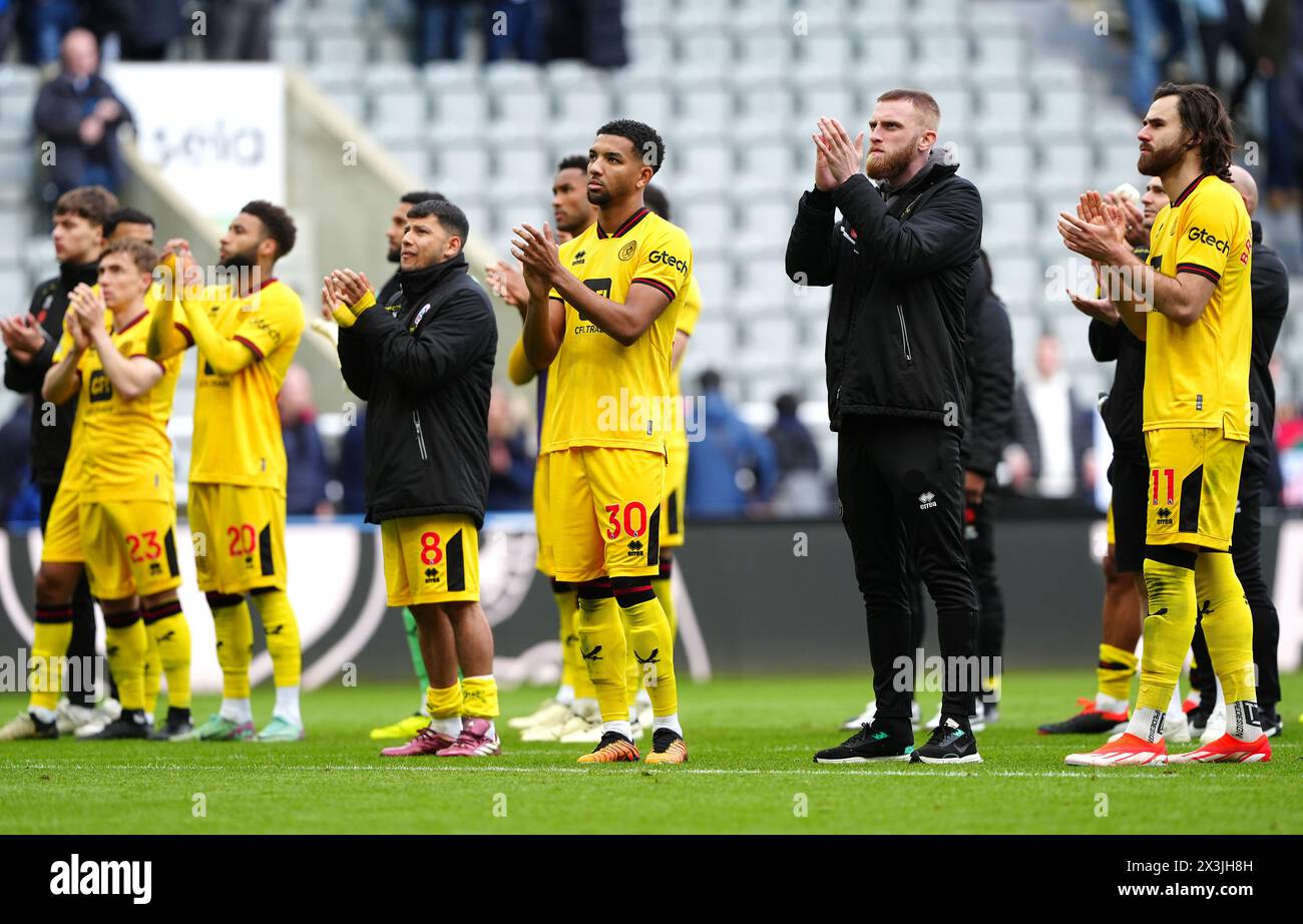 Sheffield United players applaud the fans after the final whistle in the Premier League match at St. James' Park, Newcastle upon Tyne. Sheffield United have been relegated from the Premier League after losing 5-1 at Newcastle. Picture date: Saturday April 27, 2024. Stock Photo