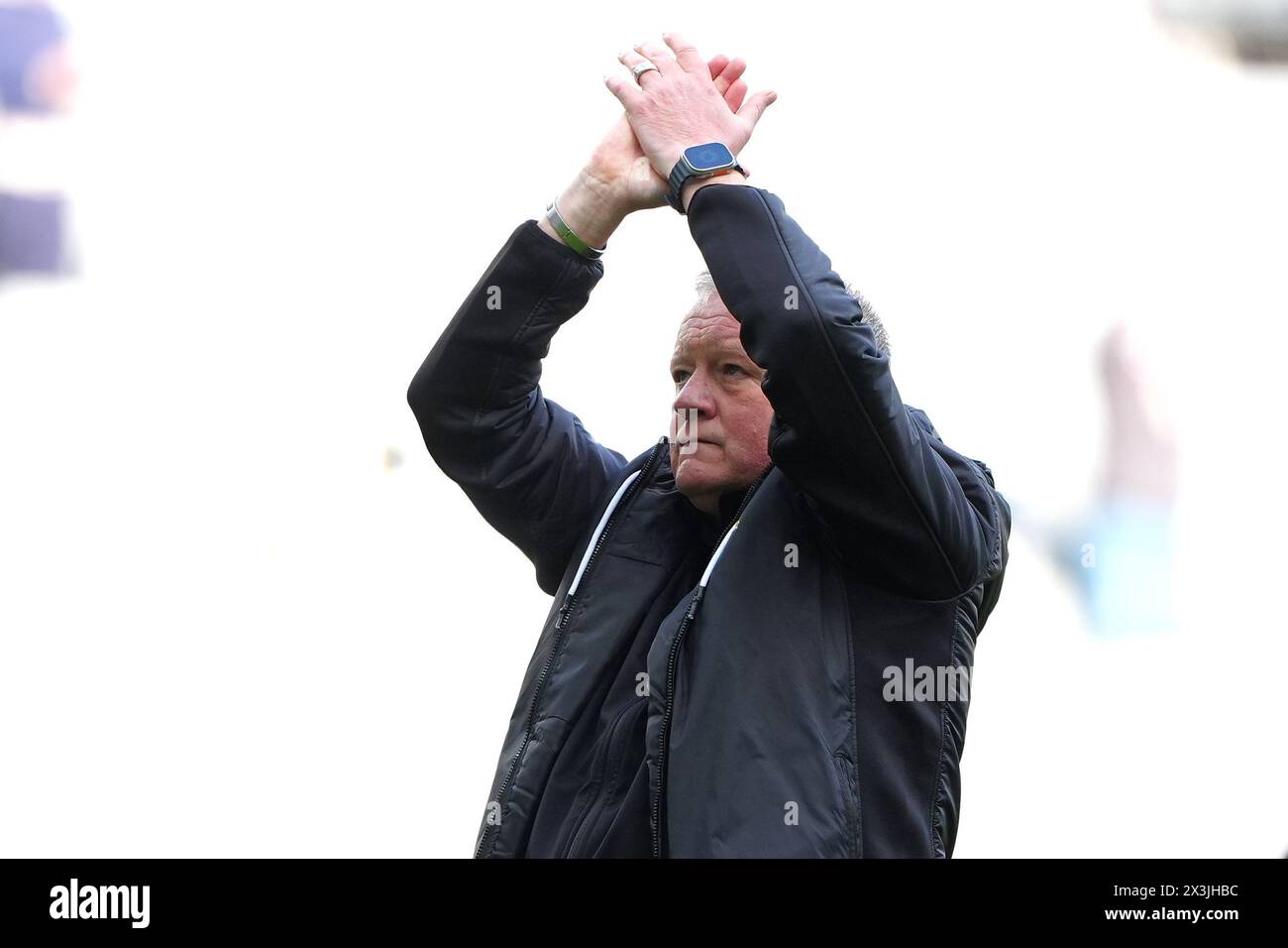 Sheffield United manager Chris Wilder applauds the fans after the final whistle in the Premier League match at St. James' Park, Newcastle upon Tyne. Sheffield United have been relegated from the Premier League after losing 5-1 at Newcastle. Picture date: Saturday April 27, 2024. Stock Photo