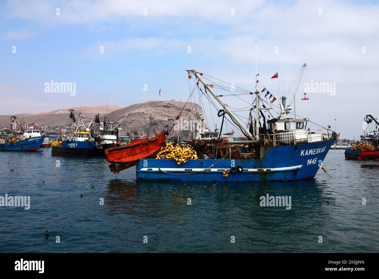 Kaweskar number 1445 fishing trawler laden with equipment moored in port, El Morro headland in background, Arica, Chile Stock Photo