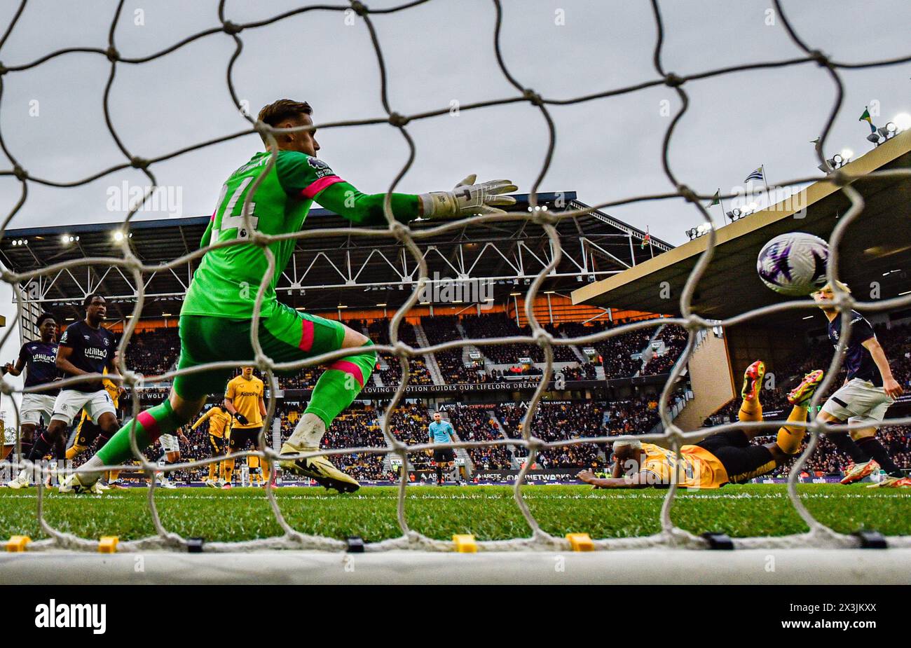 27th April 2024; Molineux Stadium, Wolverhampton,  West Midlands, England; Premier League Football, Wolverhampton Wanderers versus Luton Town; Toti Gomes of Wolves heads past Thomas Kaminski in the Luton Town goal in the 50th minute for 2-0 Stock Photo