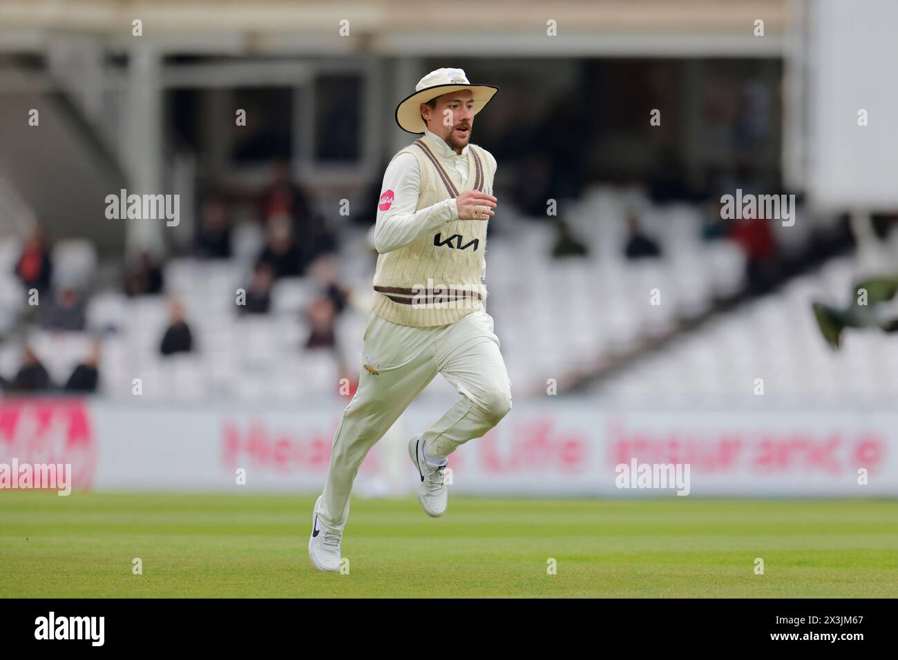 London. 27th Apr 2024. Rory Burns (17 Surrey Captain) fielding during the second day of the County Championship Division One match between Surrey and Hampshire at the Kia Oval. Credit: Matthew Starling / Alamy Live News Stock Photo