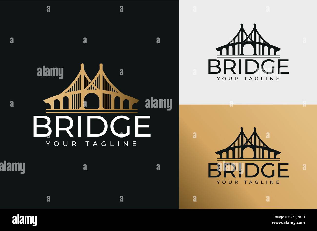 Illustration of the Golden Gate Bridge. San Francisco icon symbol on black background with white and gold Stock Vector