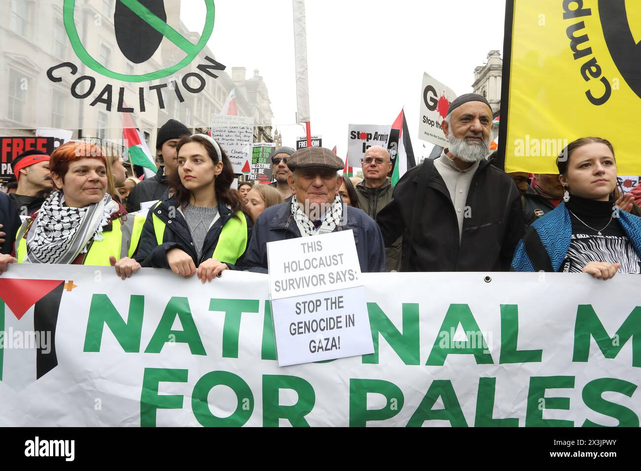 London, UK, 27th April 2024. The National March for Palestine drew approximately 100 000 people, marching from Parliament Square to Hyde Park, calling for a ceasefire in Gaza and to stop arming Israel. Leading the march were medics and also attending were Michelle O'Neil, first minister of Northern Ireland and Stephen Kapos, a holocaust survivor and his family. Credit : Monica Wells/Alamy Live News Stock Photo