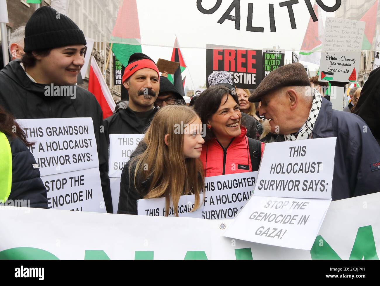 London, UK, 27th April 2024. The National March for Palestine drew approximately 100 000 people, marching from Parliament Square to Hyde Park, calling for a ceasefire in Gaza and to stop arming Israel. Leading the march were medics and also attending were Michelle O'Neil, first minister of Northern Ireland and Stephen Kapos, a holocaust survivor and his family. Credit : Monica Wells/Alamy Live News Stock Photo