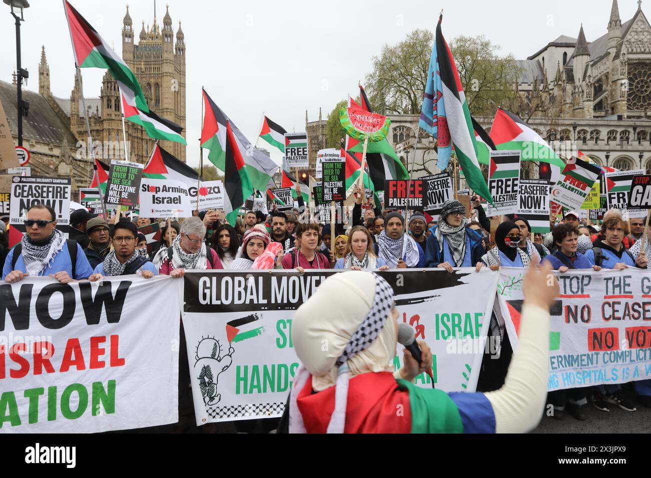 London, UK, 27th April 2024. The National March for Palestine drew approximately 100 000 people, marching from Parliament Square to Hyde Park, calling for a ceasefire in Gaza and to stop arming Israel. Leading the march were medics and also attending were Michelle O'Neil, first minister of Northern Ireland and Stephen Kapos, a holocaust survivor and his family. Credit : Monica Wells/Alamy Live News Stock Photo