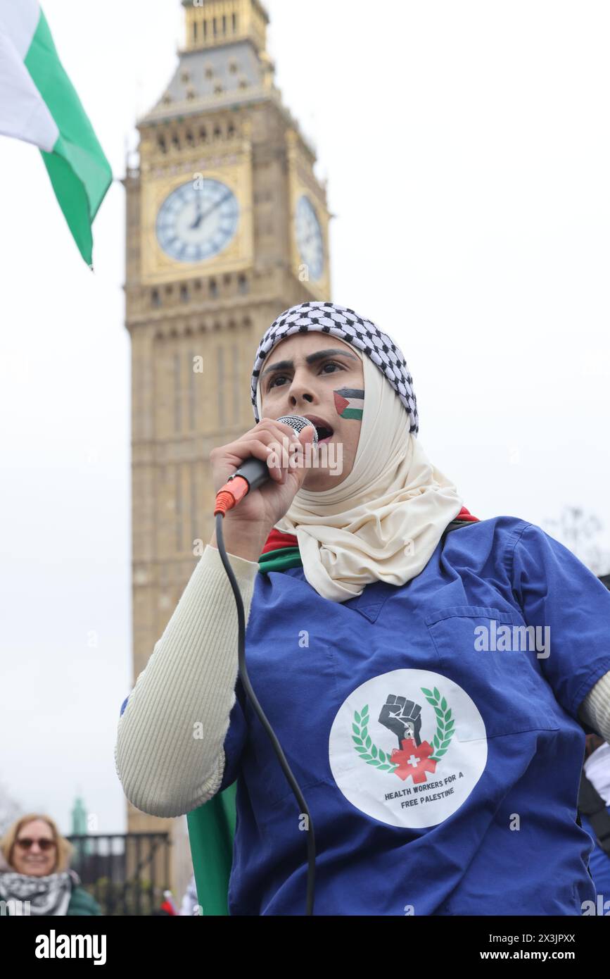 London, UK, 27th April 2024. The National March for Palestine drew approximately 100 000 people, marching from Parliament Square to Hyde Park, calling for a ceasefire in Gaza and to stop arming Israel. Leading the march were medics and also attending were Michelle O'Neil, first minister of Northern Ireland and Stephen Kapos, a holocaust survivor and his family. Credit : Monica Wells/Alamy Live News Stock Photo