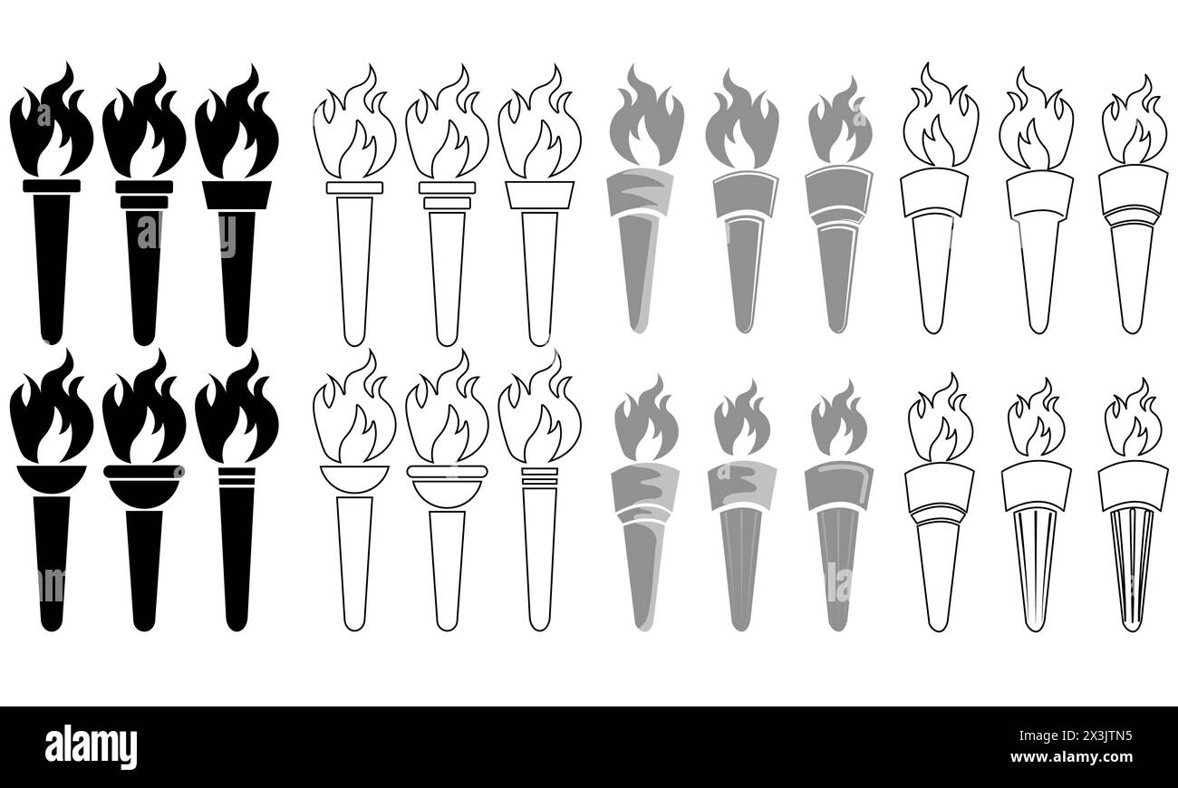 Collection of Olympic torch designs in silhouette, outline, silhouette on a white background Stock Vector