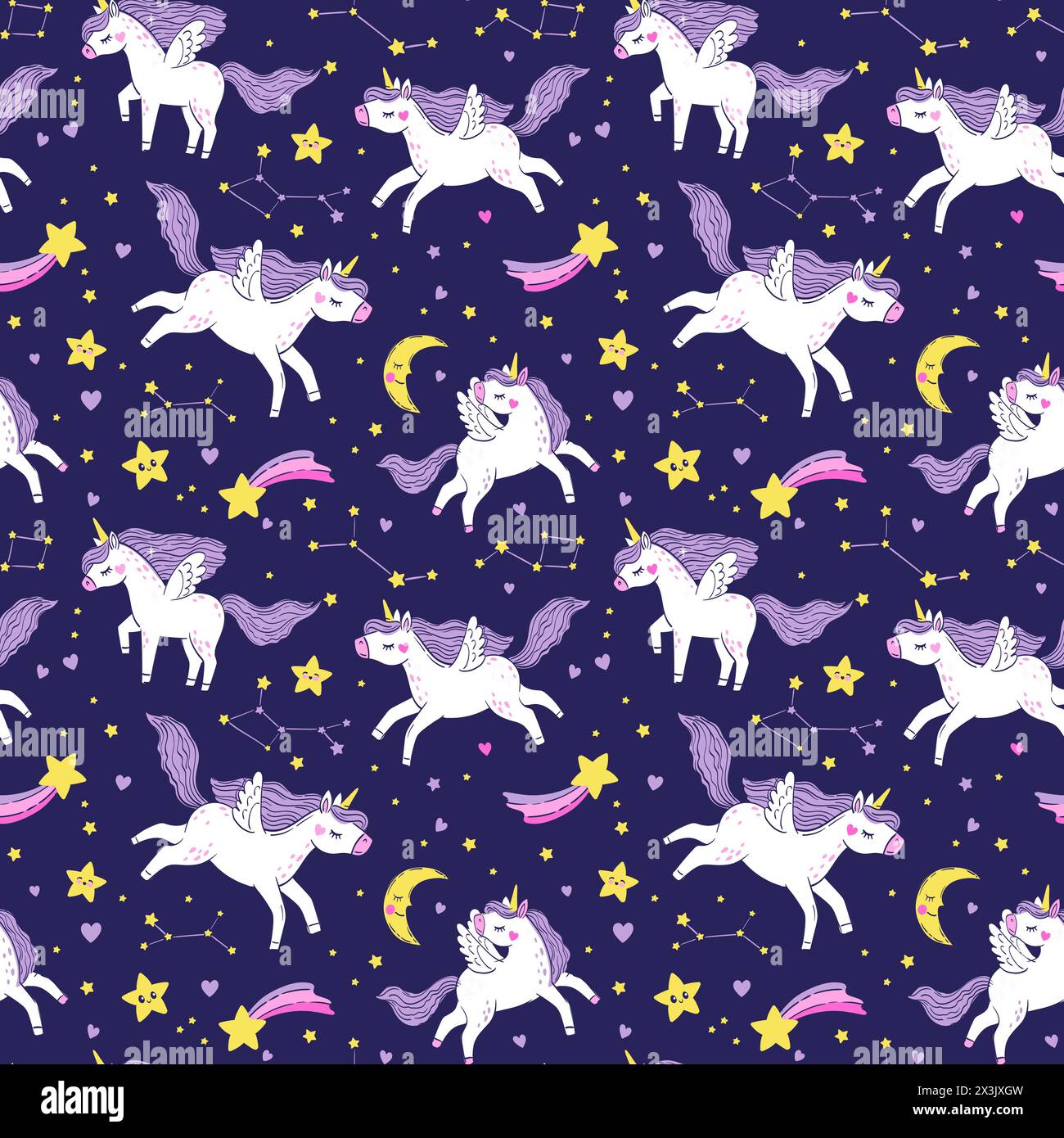 Vector seamless pattern of white magical unicorns on the starry sky ...