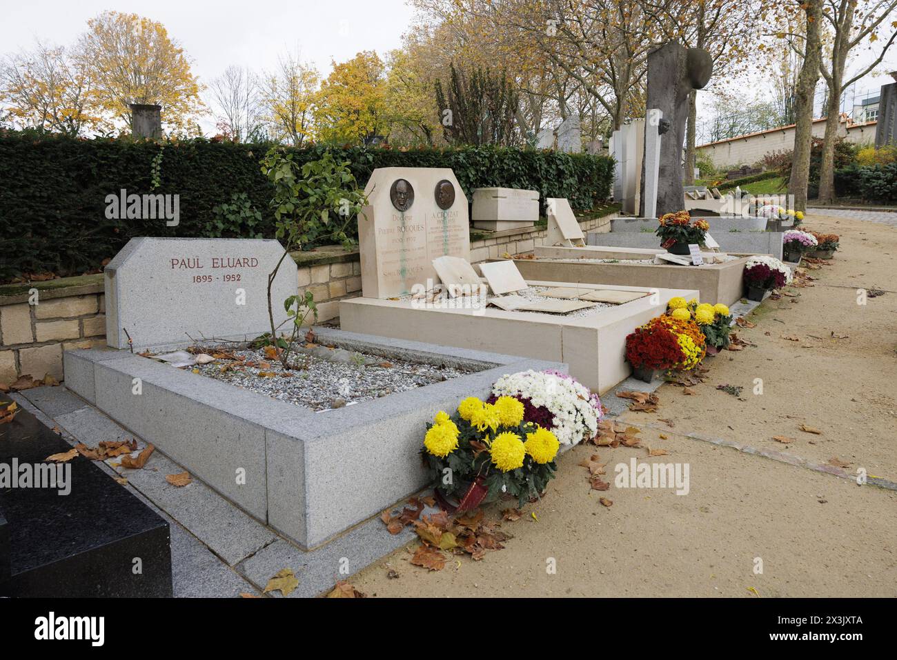Paris, France, November 11, 2023. The grave of the French poet Paul eluard (pseudonym of Eugene emile Paul Grindel, 1895-1952), one of the major exponents of the surrealist movement, in the 97th division of the Pere-Lachaise cemetery. ©Isabella De Maddalena/opale.photo Stock Photo