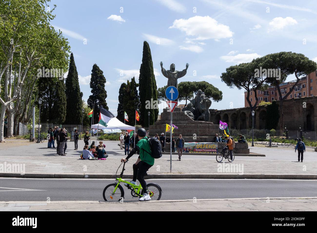 Rome, Italy. 27th Apr, 2024. Sit-in under the statue of Saint Francis of Assisi in Piazza San Giovanni in Rome organized by the solidarity network ''Tents Against Wars' (Credit Image: © Matteo Nardone/Pacific Press via ZUMA Press Wire) EDITORIAL USAGE ONLY! Not for Commercial USAGE! Stock Photo