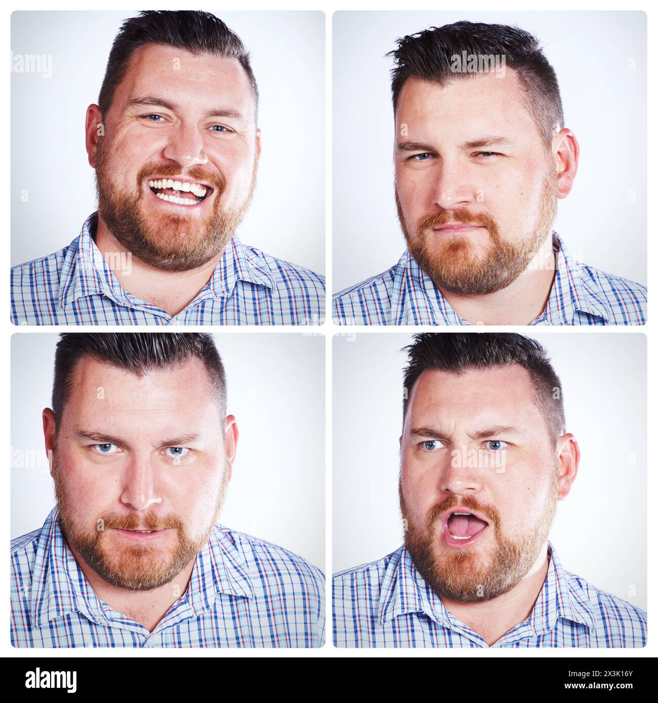 Man, composite and collage with facial expressions in studio with funny or emoji in portrait with happy. Emotions, comedy and serious with thinking or Stock Photo