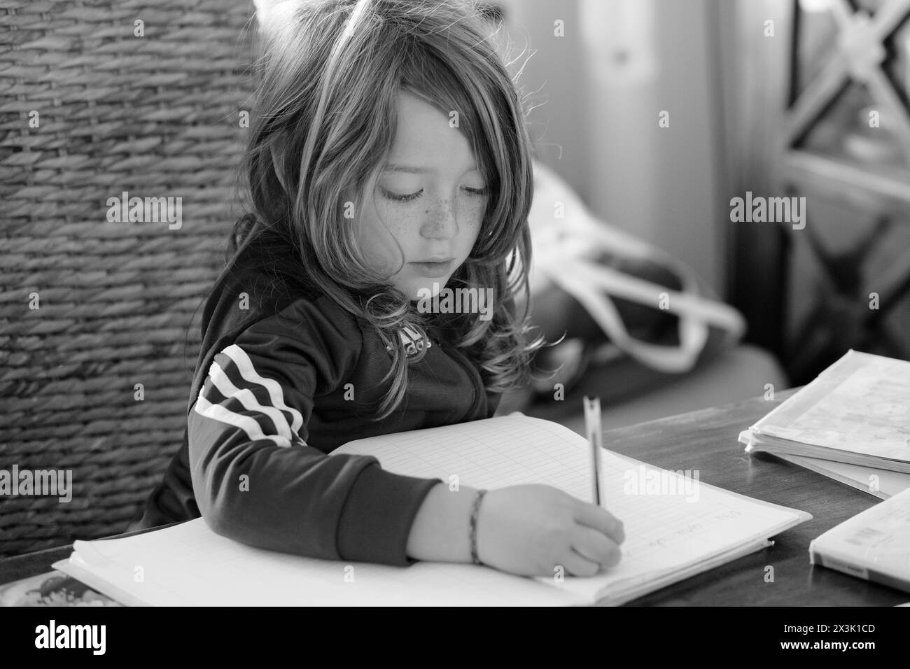 Italy, Sicily; 8 years old male child doing his homework on a table at home Stock Photo