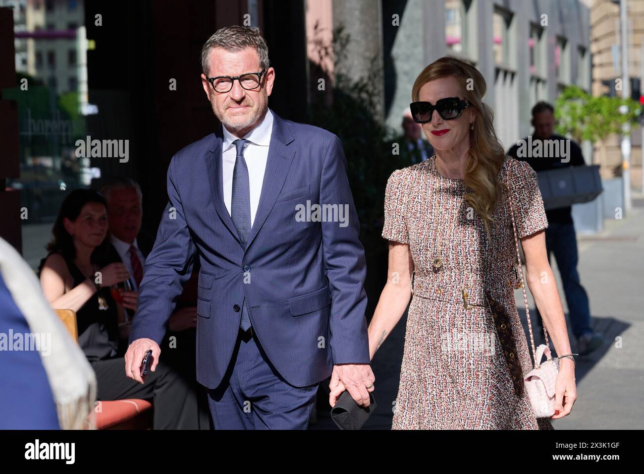 Berlin, Germany. 27th Apr, 2024. Kai Diekmann and his wife Katja Kessler come to Borchardt's restaurant for former Chancellor Schröder's 80th birthday party. Credit: Annette Riedl/dpa/Alamy Live News Stock Photo