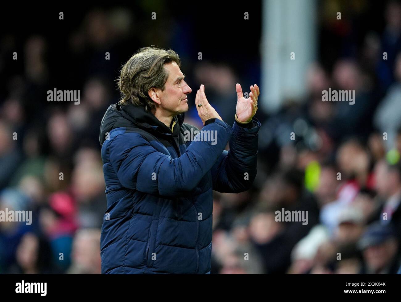 Brentford manager Thomas Frank applauds the fans after the Premier League match at Goodison Park, Liverpool. Picture date: Saturday April 27, 2024. Stock Photo