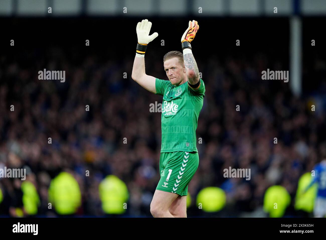 Everton goalkeeper Jordan Pickford applauds the fans after the Premier League match at Goodison Park, Liverpool. Picture date: Saturday April 27, 2024. Stock Photo