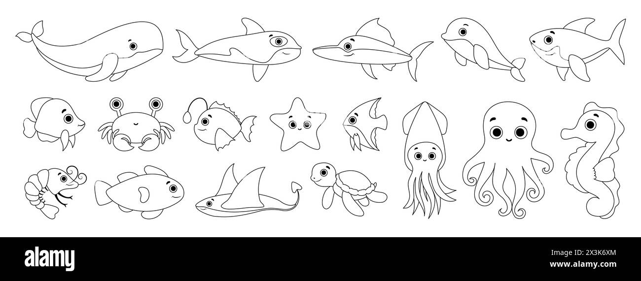 Set of black line icons of Sea Animals Stickers. Underwater life. Cute whale, squid, octopus, stingray, jellyfish, fish, crab, seahorse. Fish and wild Stock Vector