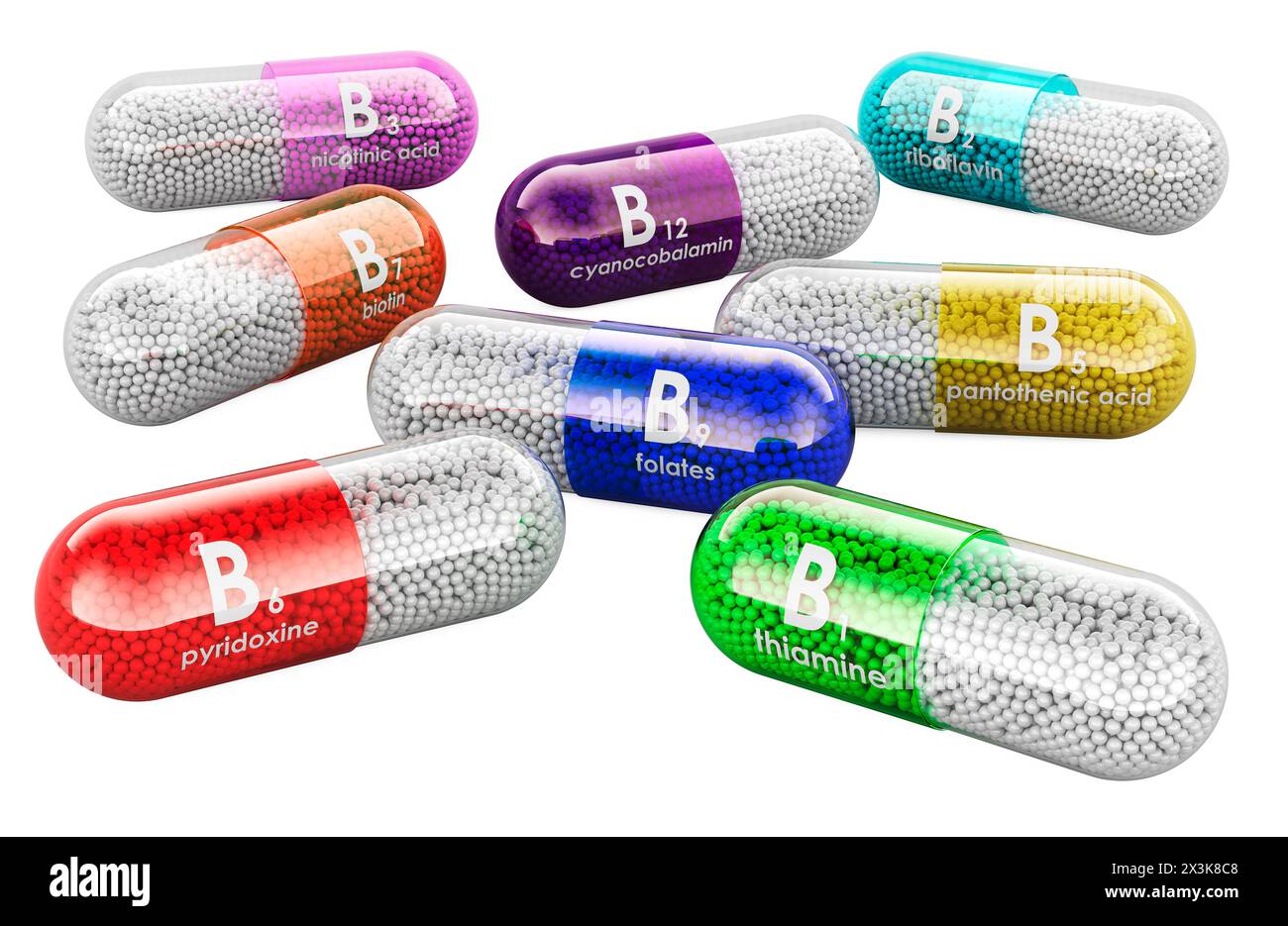 Set of vitamin capsules B1, B2, B3, B5, B6, B7, B12. 3D rendering isolated on white background Stock Photo