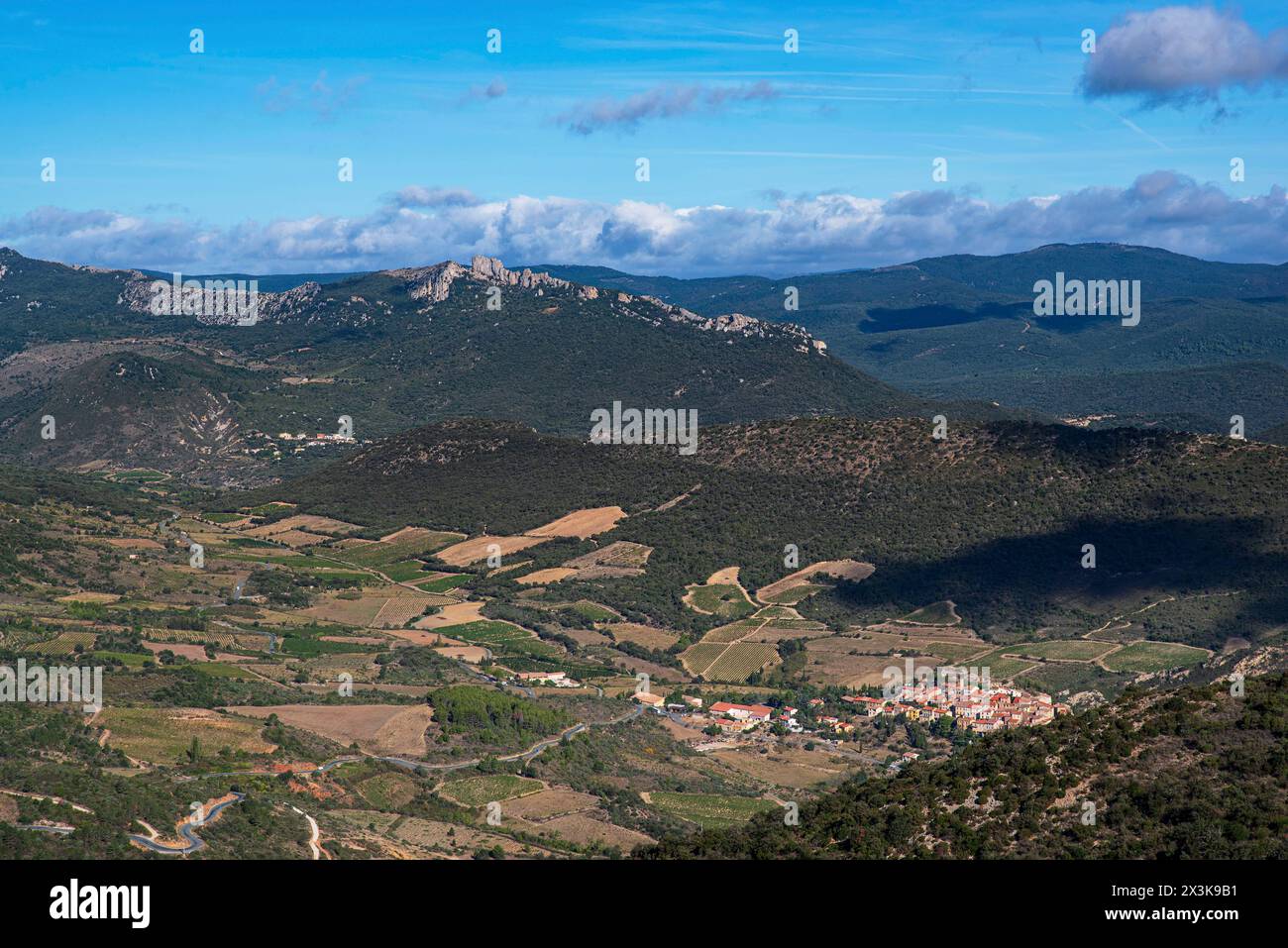 Valley and village of Cucugnan, France, Languedoc Roussillon, Occitanie region Stock Photo