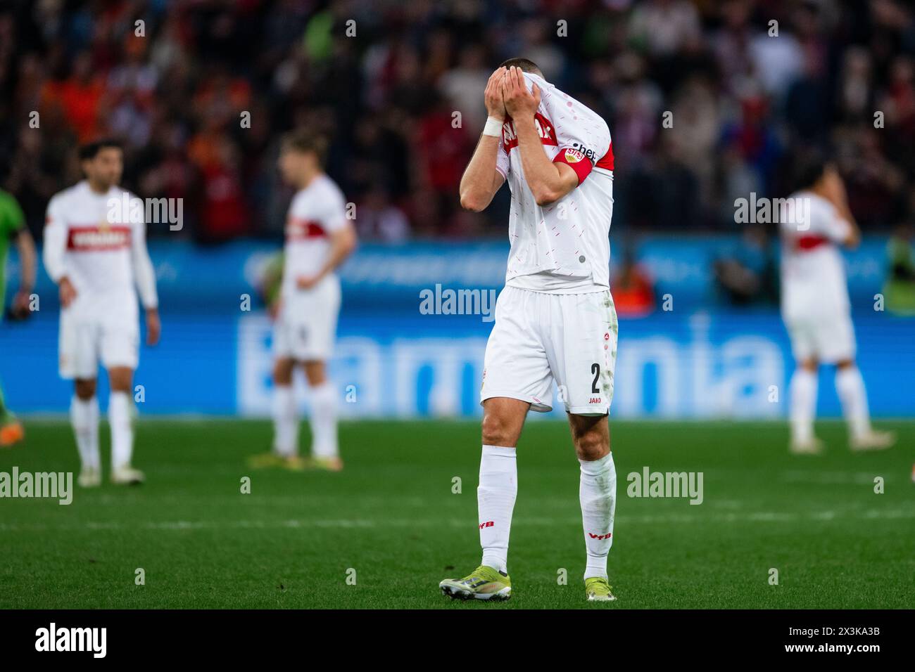 Leverkusen, Germany. 27th Apr, 2024. Soccer: Bundesliga, Bayer Leverkusen - VfB Stuttgart, Matchday 31, BayArena. Stuttgart's Waldemar Anton reacts after the game. Credit: Marius Becker/dpa - IMPORTANT NOTE: In accordance with the regulations of the DFL German Football League and the DFB German Football Association, it is prohibited to utilize or have utilized photographs taken in the stadium and/or of the match in the form of sequential images and/or video-like photo series./dpa/Alamy Live News Stock Photo
