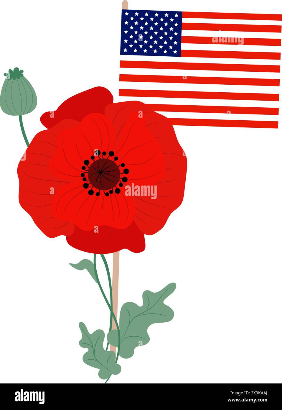 American flag with red poppy flower. Memorial Day. Vector illustration in flat style for design national traditional holidays Stock Vector