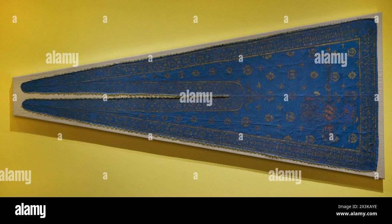 Pennant from the Battle of Lepanto. Naval battle which took place on 7 October 1571 between the Holy League (coalition of Catholic countries) and the Ottoman Empire. Silk damask and painting, ca. 1571. Museum of Santa Cruz. Toledo. Spain. (On loan, Toledo Cathedral). Stock Photo