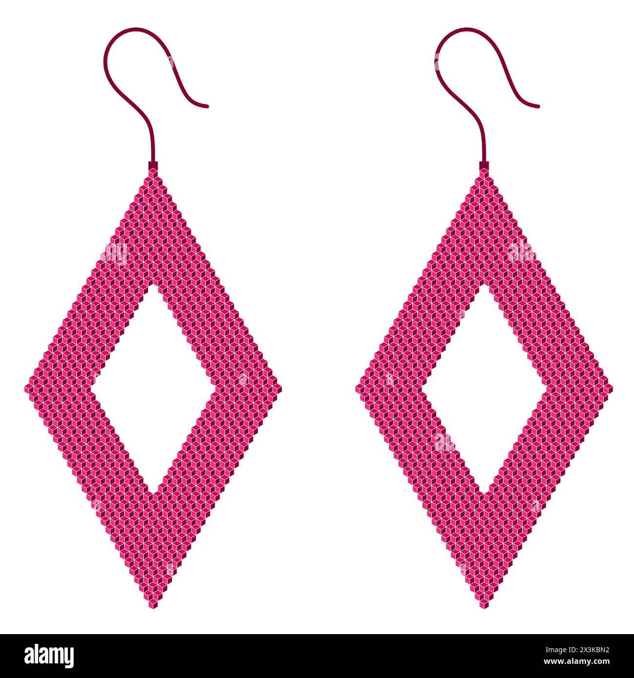 Two pink rhombus-shaped earrings with a hole in the middle made of 3D squares Stock Vector