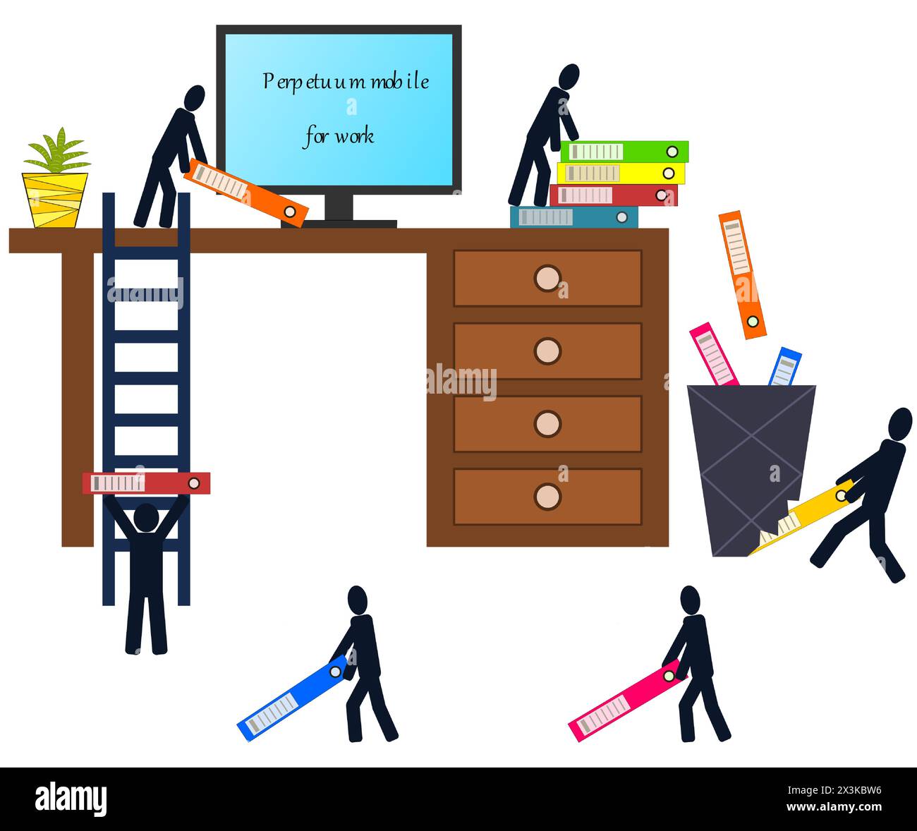 The symbolic representation of perpetuum mobile - work never ends. The mannequin throws the work tasks in the basket, but the other mannequins transpo Stock Vector