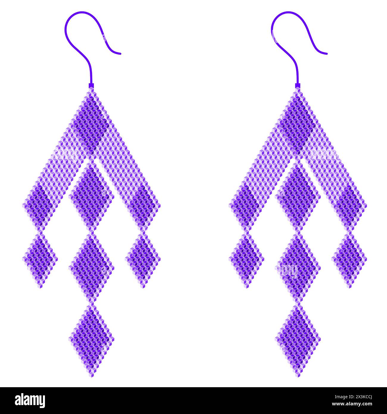 Two purple earrings composed of rhombuses in a combination of light and dark purple, which are built of 3D cubes Stock Vector
