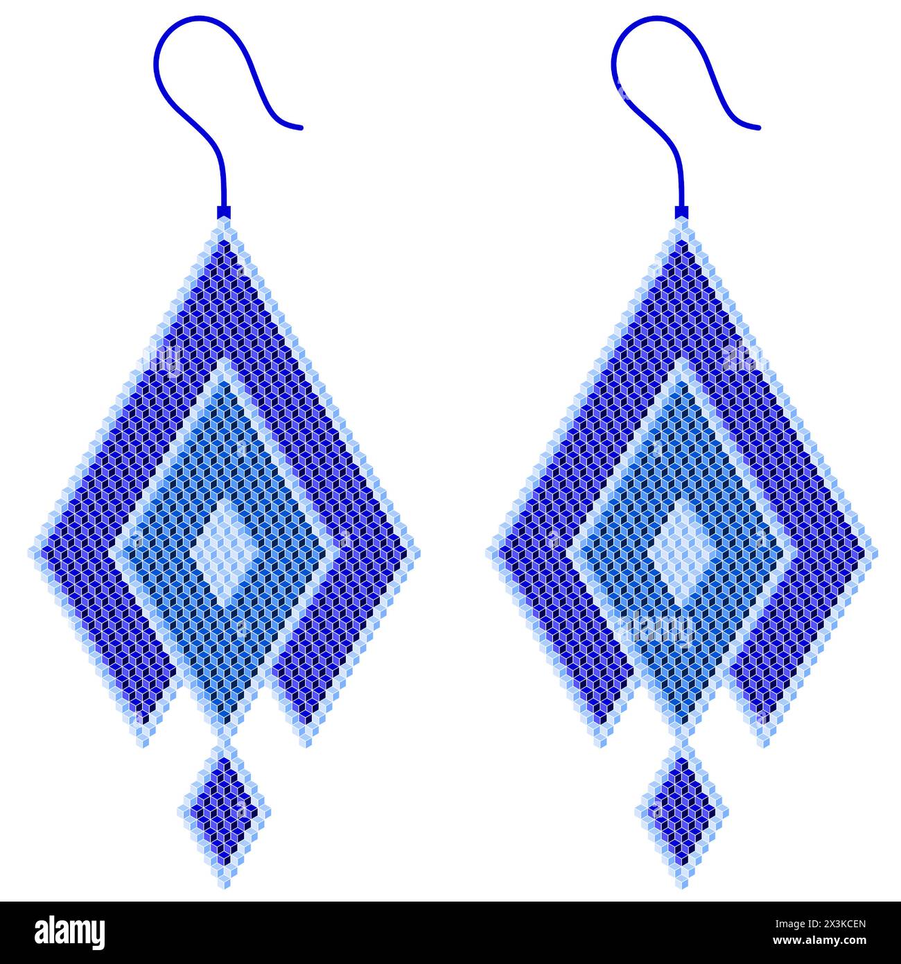 Two blue earrings composed of rhombuses of three shades of blue with a light blue edge and a pendant, which are built of 3D cubes Stock Vector