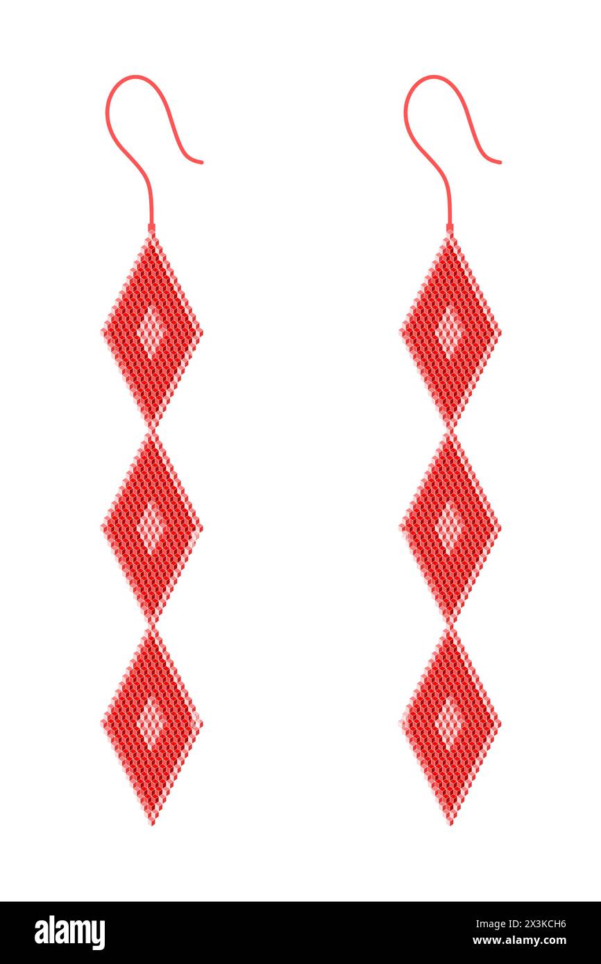 Two light and dark red earrings made of 3D squares in the shape of three rhombus hanging below each other Stock Vector