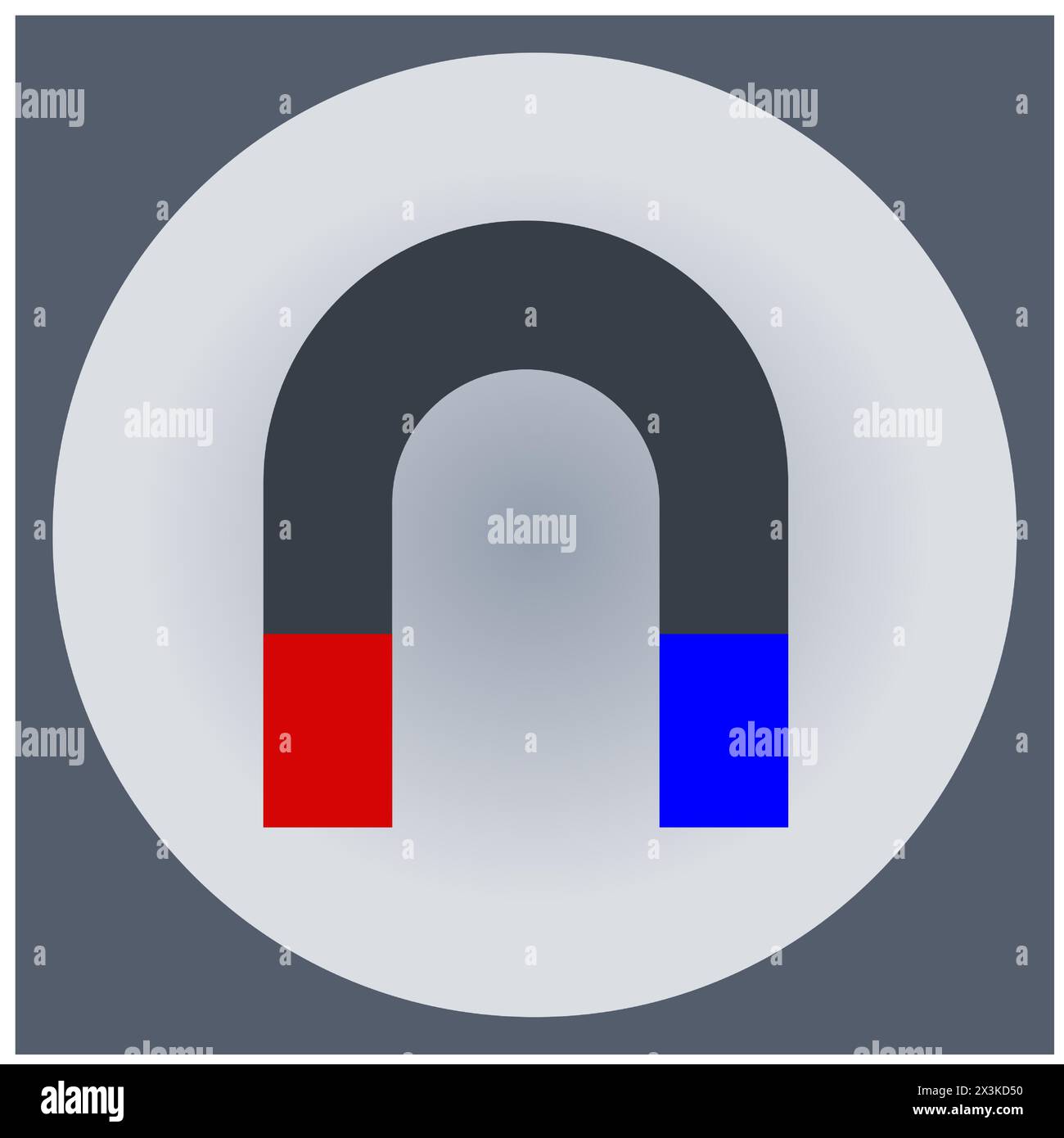 The symbol of a gray magnet in the shape of a horseshoe with a color resolution of the magnetic poles of red and blue, in a gray frame of a circle and Stock Vector